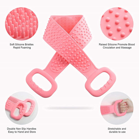 Silicone Body Back Scrubber Double Side Bathing Brush for Skin Deep Cleaning Massage, Dead Skin Removal Exfoliating Belt for Shower, Easy to Clean, Lathers Well for Men & Women